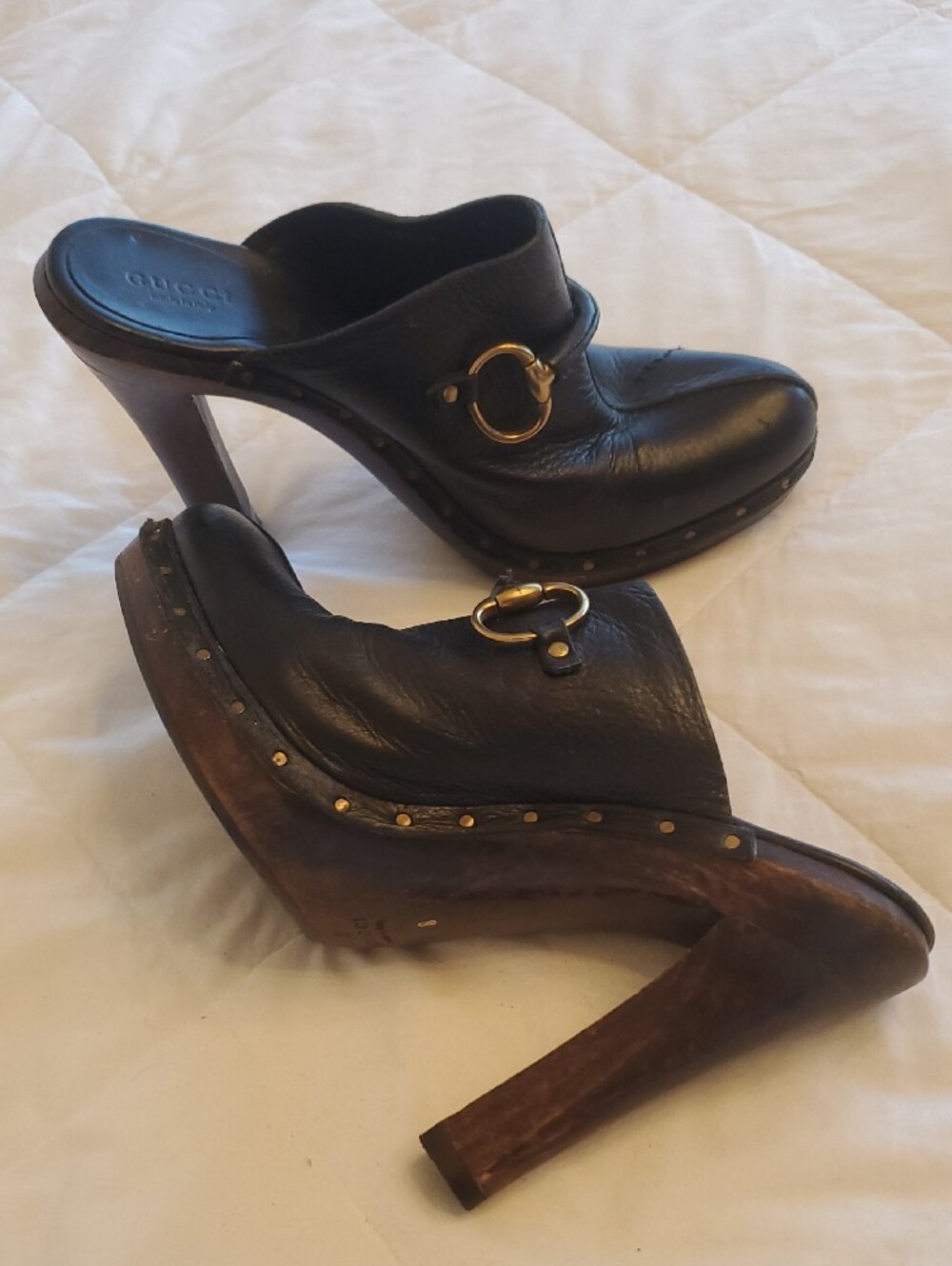 Gucci Black Leather Mule Clogs with Gold Horsebit Accents